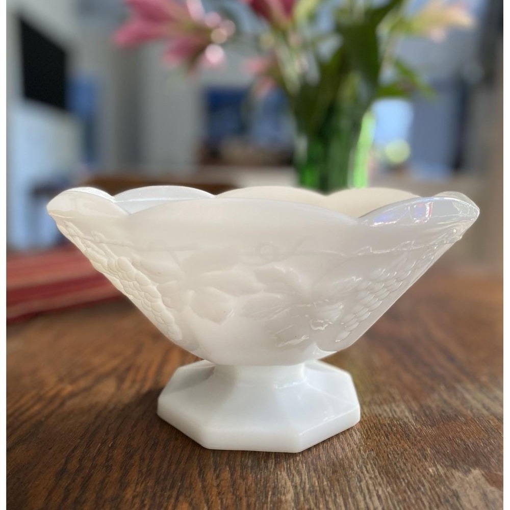 Vintage 70s Anchor Hocking Fruit Pedestal Bowl White Milk Glass Grapes 9x5"